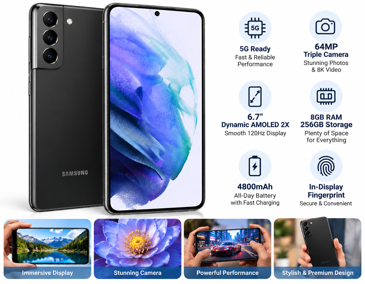 Samsung Galaxy S21 Plus smartphone with screen visible and spec icons around it