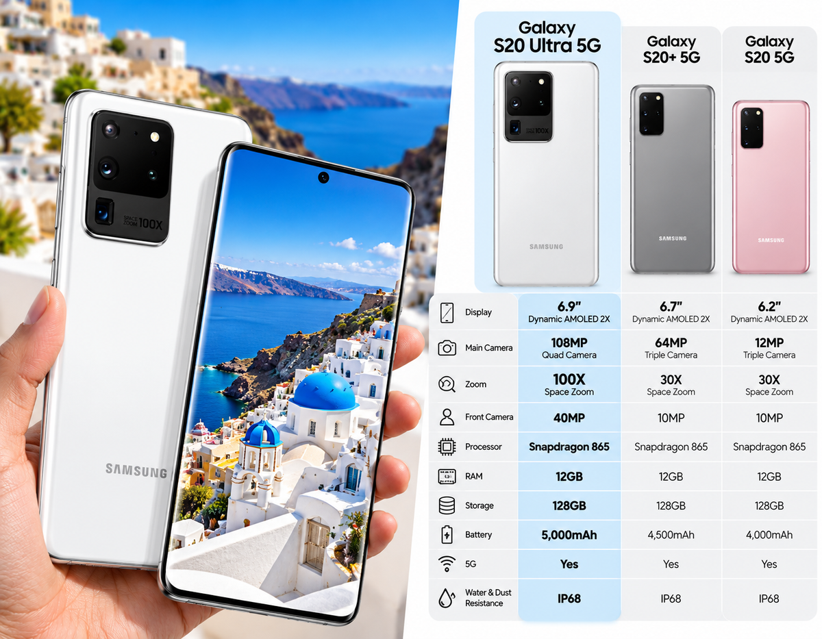 Samsung Galaxy S20 Ultra 5G smartphone held in hand, back and front views