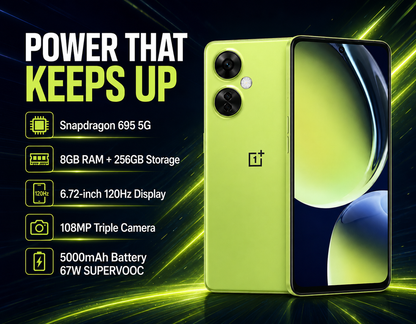 ONEPLUS Nord CE 3 Lite 5G Pastel lime smartphone with triple rear camera module and front screen