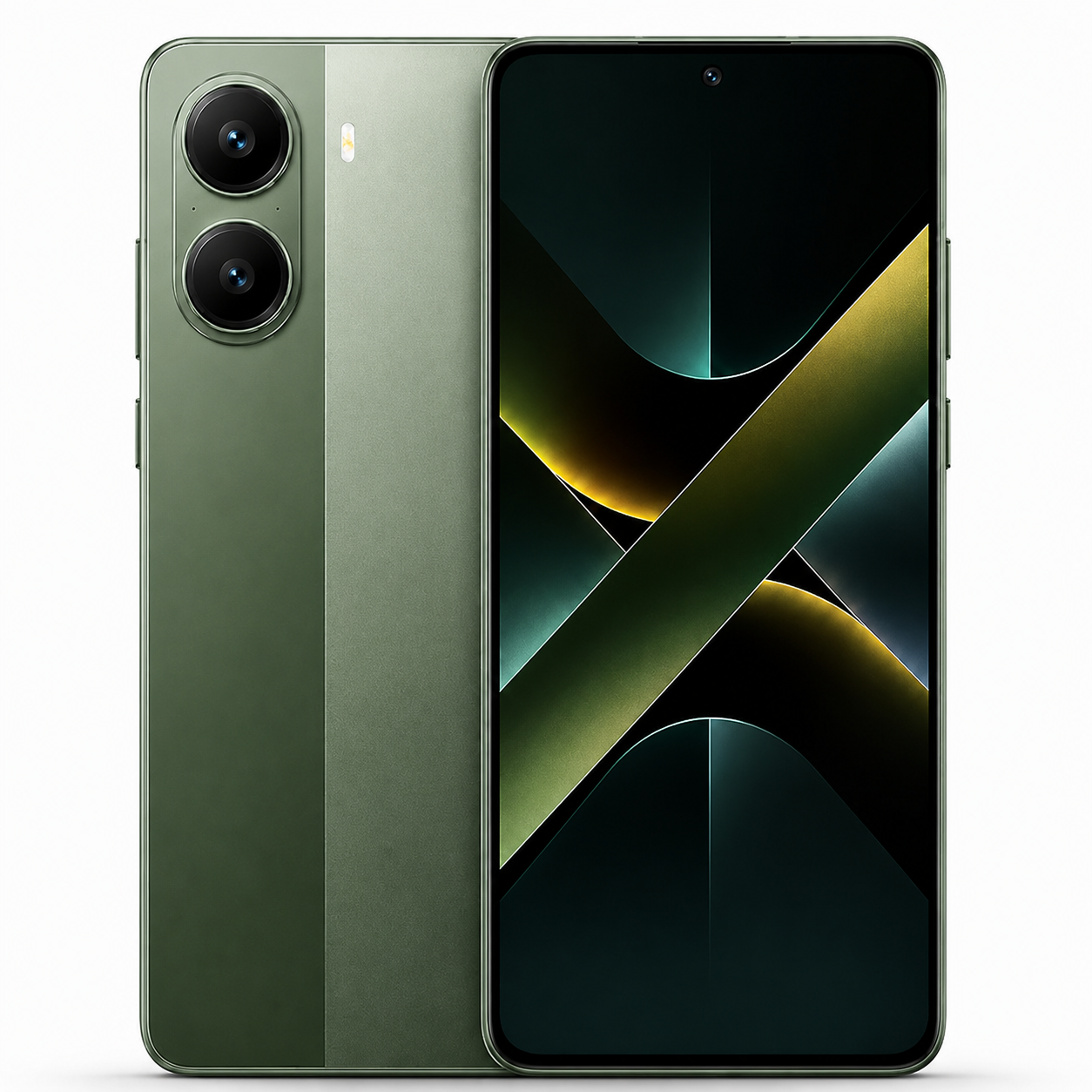 Green smartphone with dual rear cameras and curved display screen