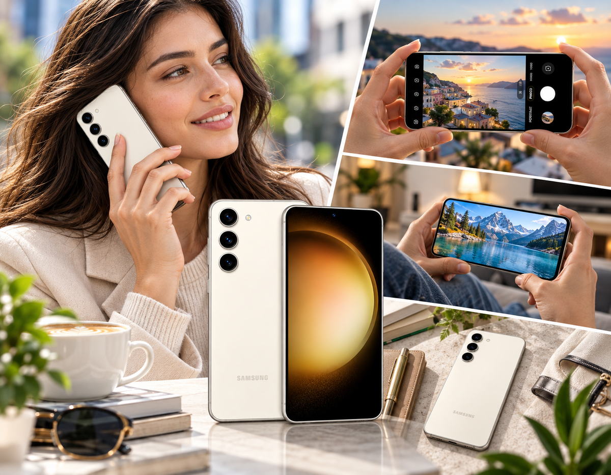 Samsung Galaxy S23 5G Cream smartphone held for selfies, showing front screen and triple rear cameras