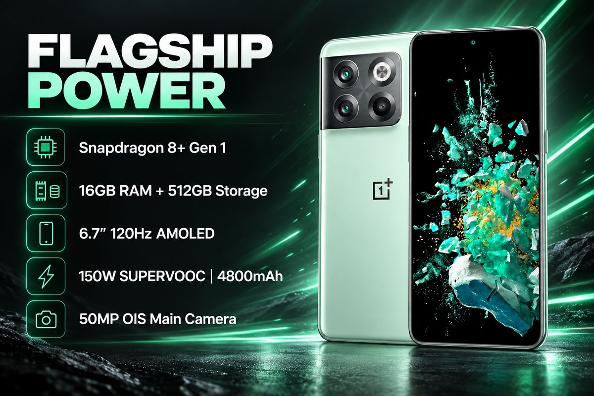 OnePlus Ace Pro 10T Jade Green smartphone angled view with rear triple cameras and bright display