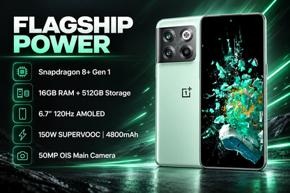 OnePlus Ace Pro 10T Jade Green smartphone angled view with rear triple cameras and bright display