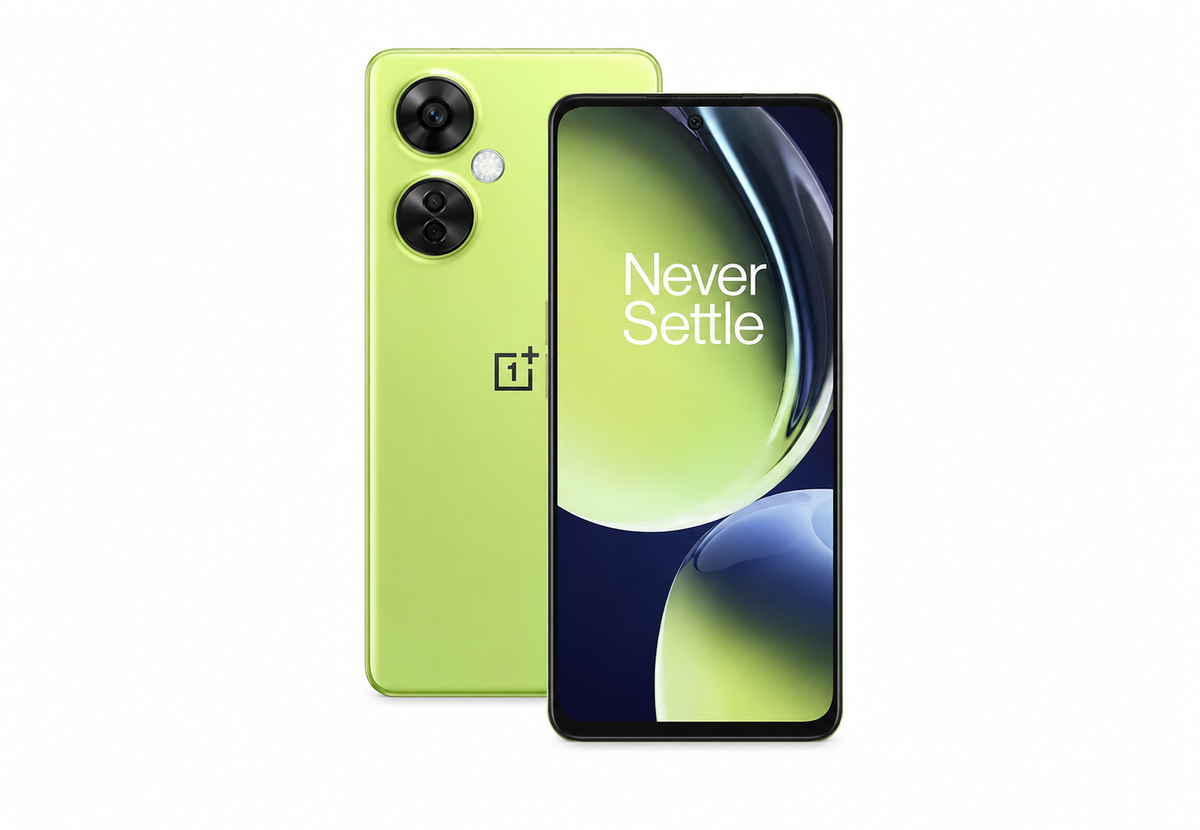 Pastel lime OnePlus Nord CE 3 Lite 5G smartphone, front display and back view
