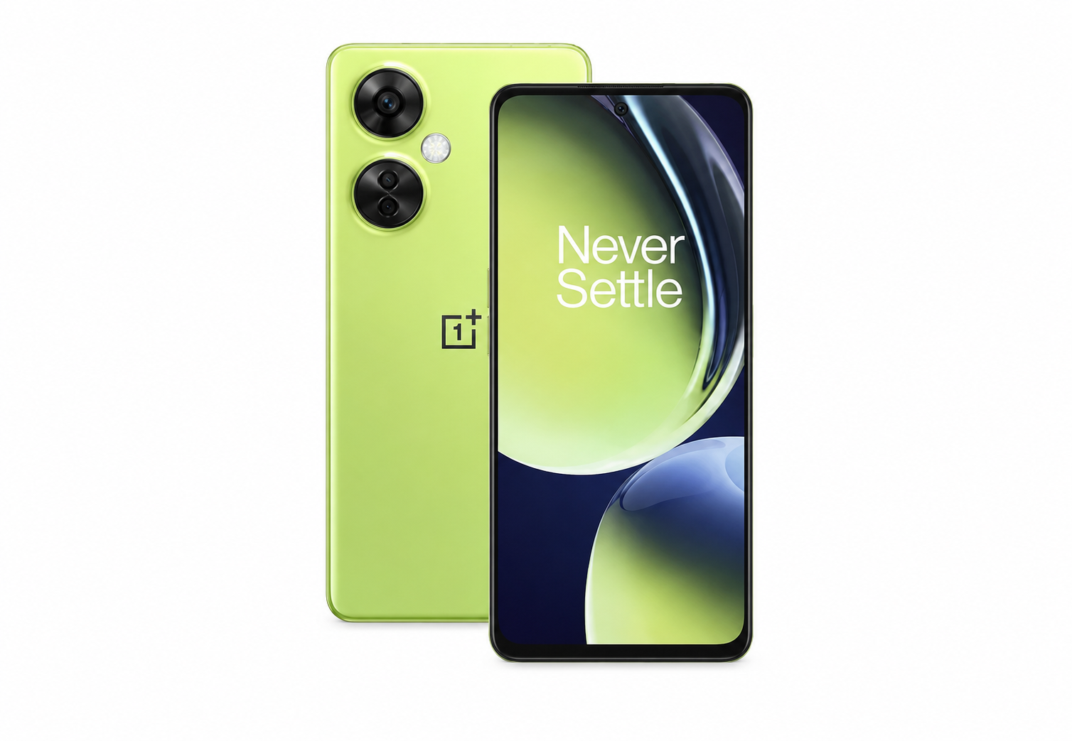 Pastel lime OnePlus Nord CE 3 Lite 5G smartphone, front display and back view