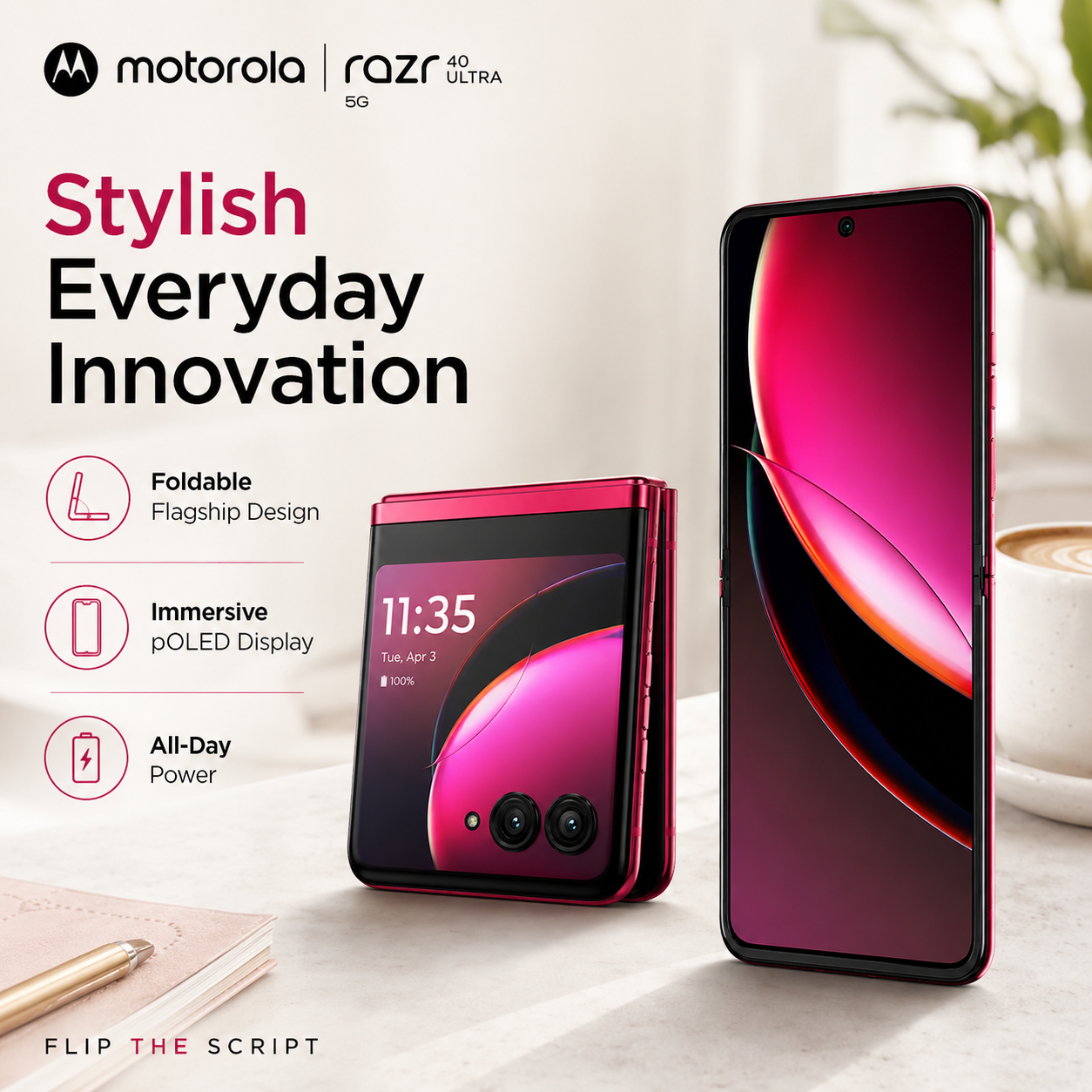 Viva Magenta foldable smartphone standing open with vivid inner display