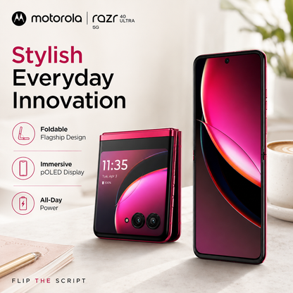 Viva Magenta foldable smartphone standing open with vivid inner display