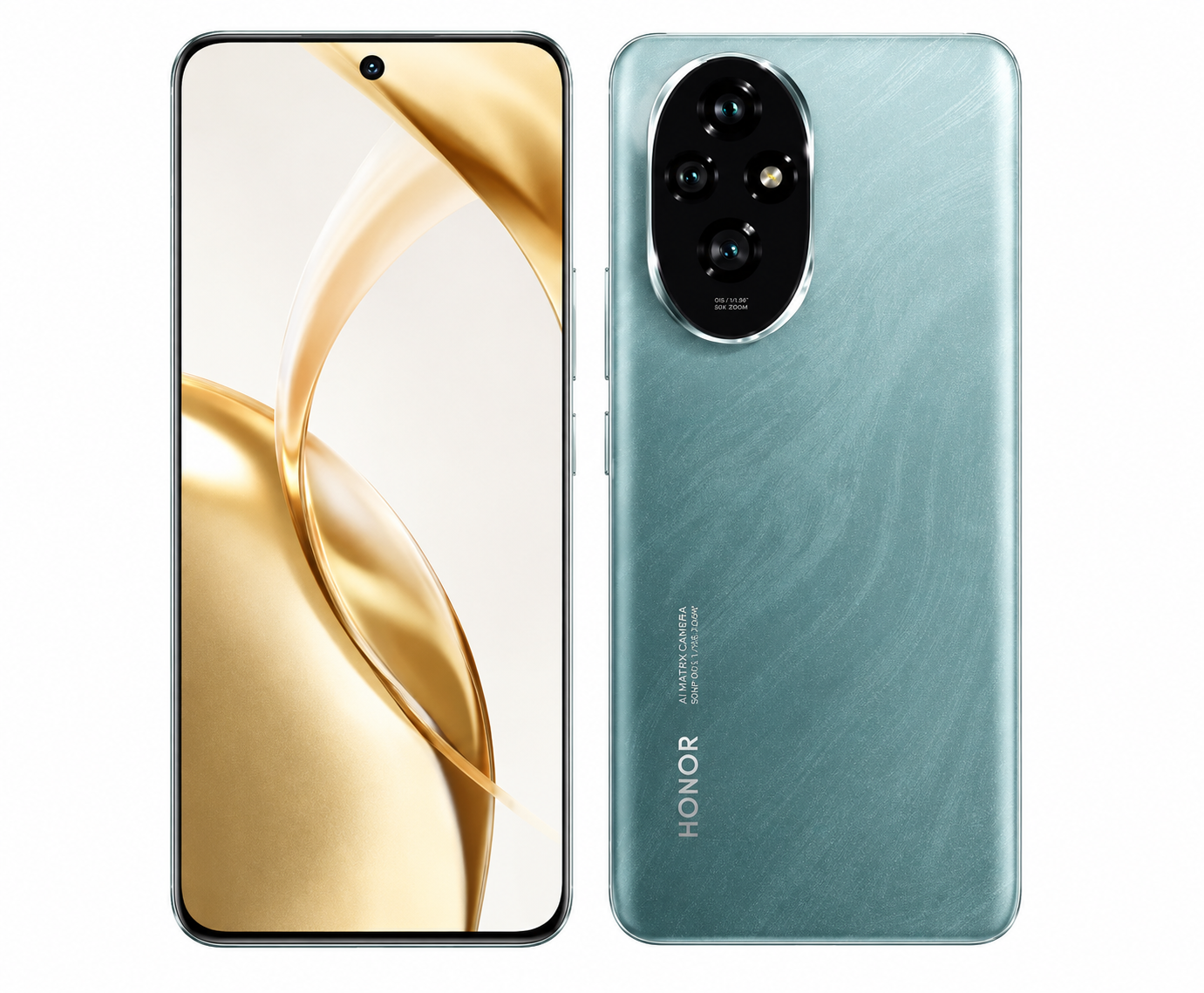 Honor 200 5G smartphone, teal green back with triple cameras and gold front display