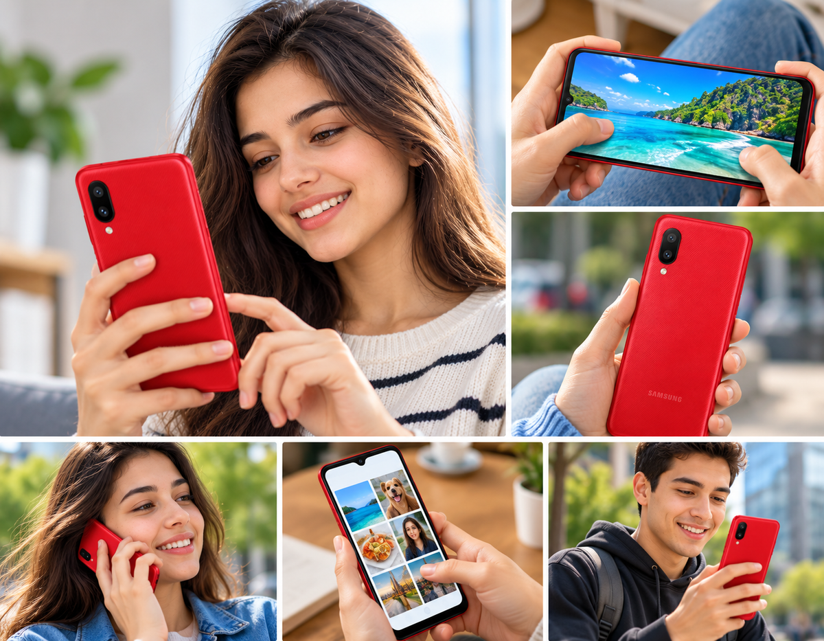 Samsung Galaxy A02 Red smartphone held by person, front screen and back camera visible