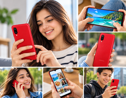 Samsung Galaxy A02 Red smartphone held by person, front screen and back camera visible