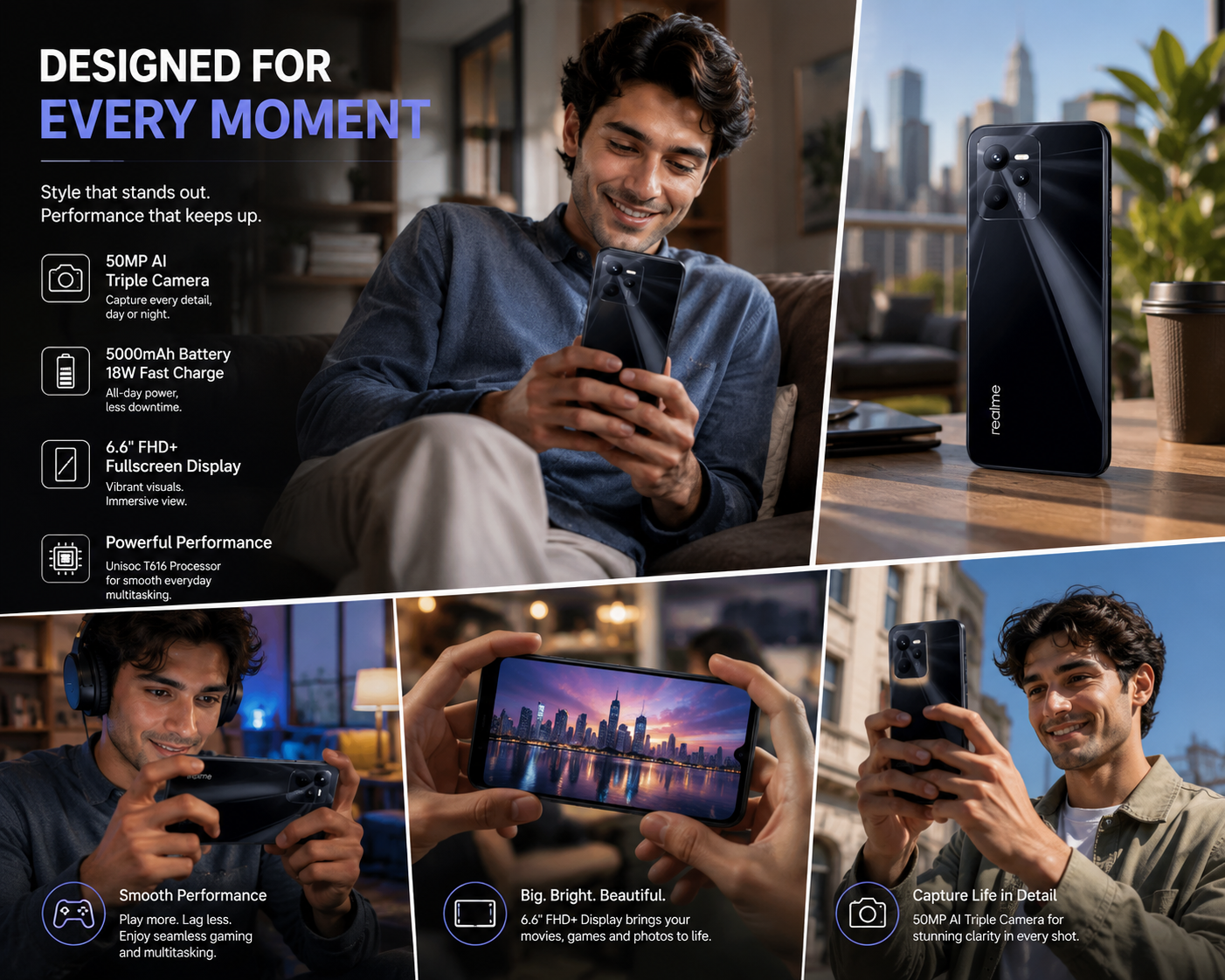 Realme C35 4G smartphone in glowing black shown from front and rear angles