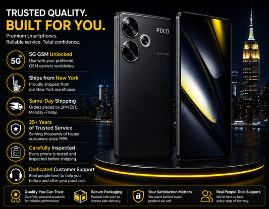 Xiaomi Poco F6 5G Black smartphone with front and back, dual rear cameras on pedestal
