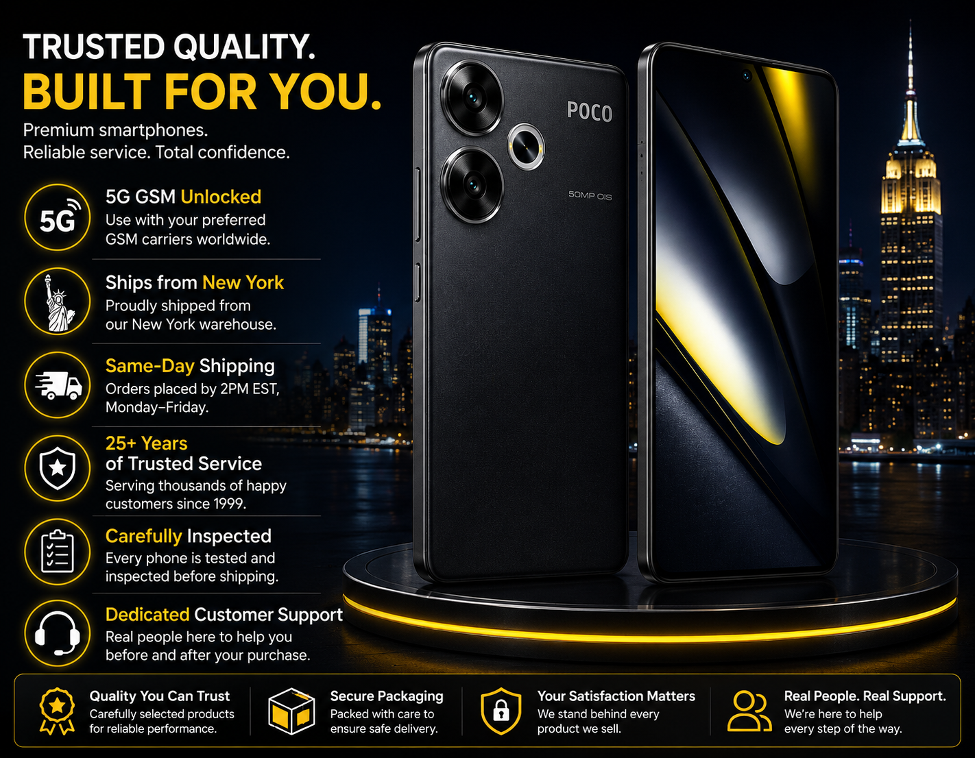 Xiaomi Poco F6 5G Black smartphone with front and back, dual rear cameras on pedestal