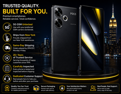 Xiaomi Poco F6 5G Black smartphone with front and back, dual rear cameras on pedestal