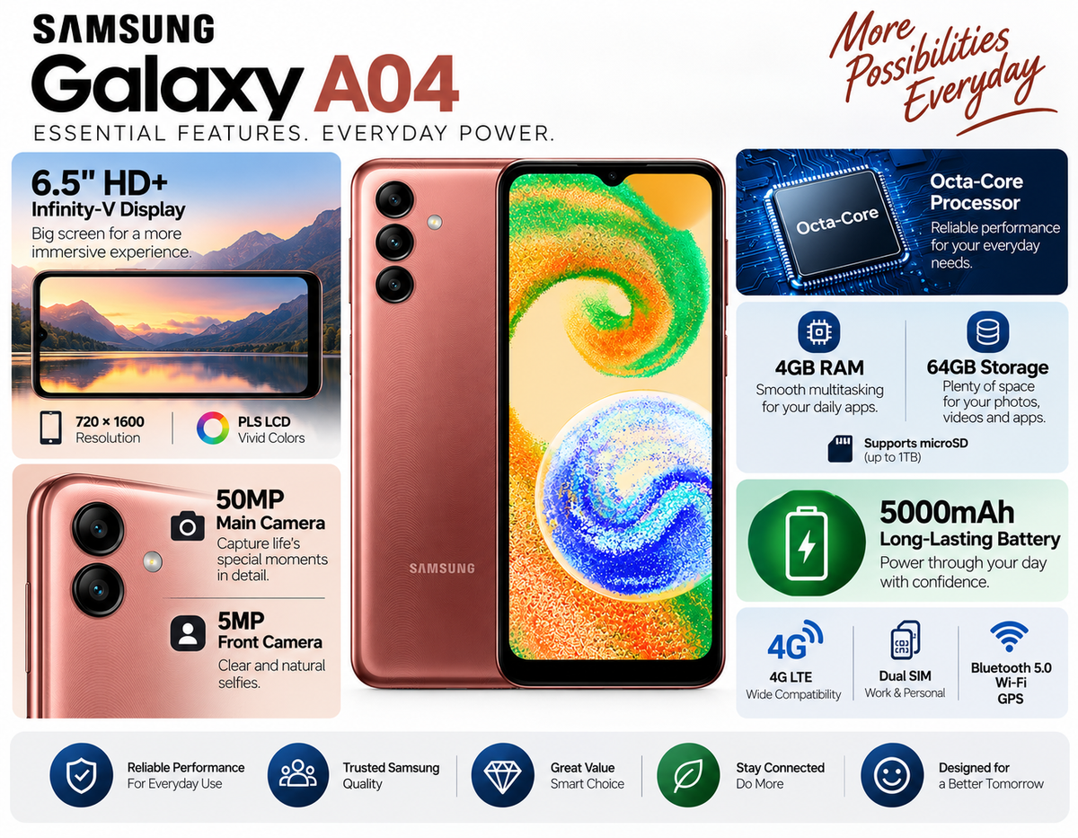 Copper Samsung Galaxy A04 smartphone front and rear view