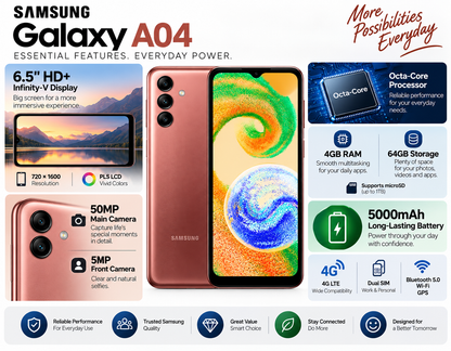 Copper Samsung Galaxy A04 smartphone front and rear view