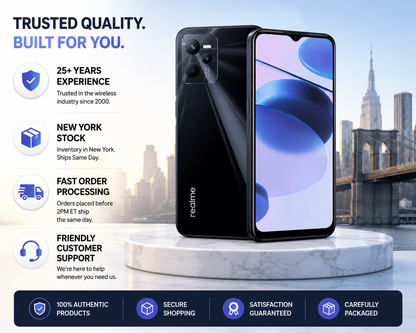 Realme C35 4G dual-SIM smartphone in glowing black, front and back view