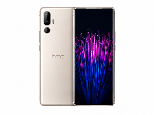 White HTC U24 Pro 5G smartphone front and back, with blue and purple light display