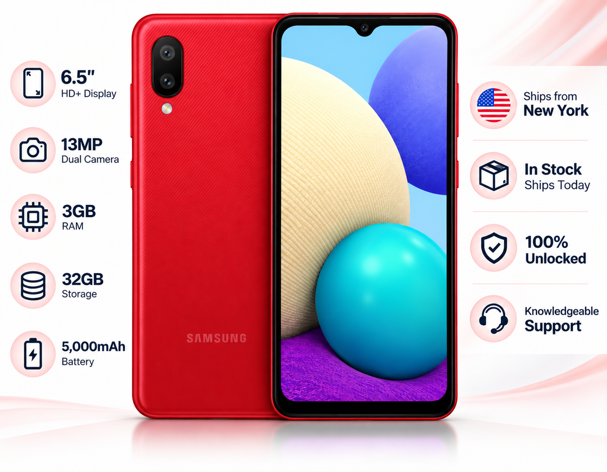 Samsung Galaxy A02 Red smartphone showing front display and back with dual rear cameras