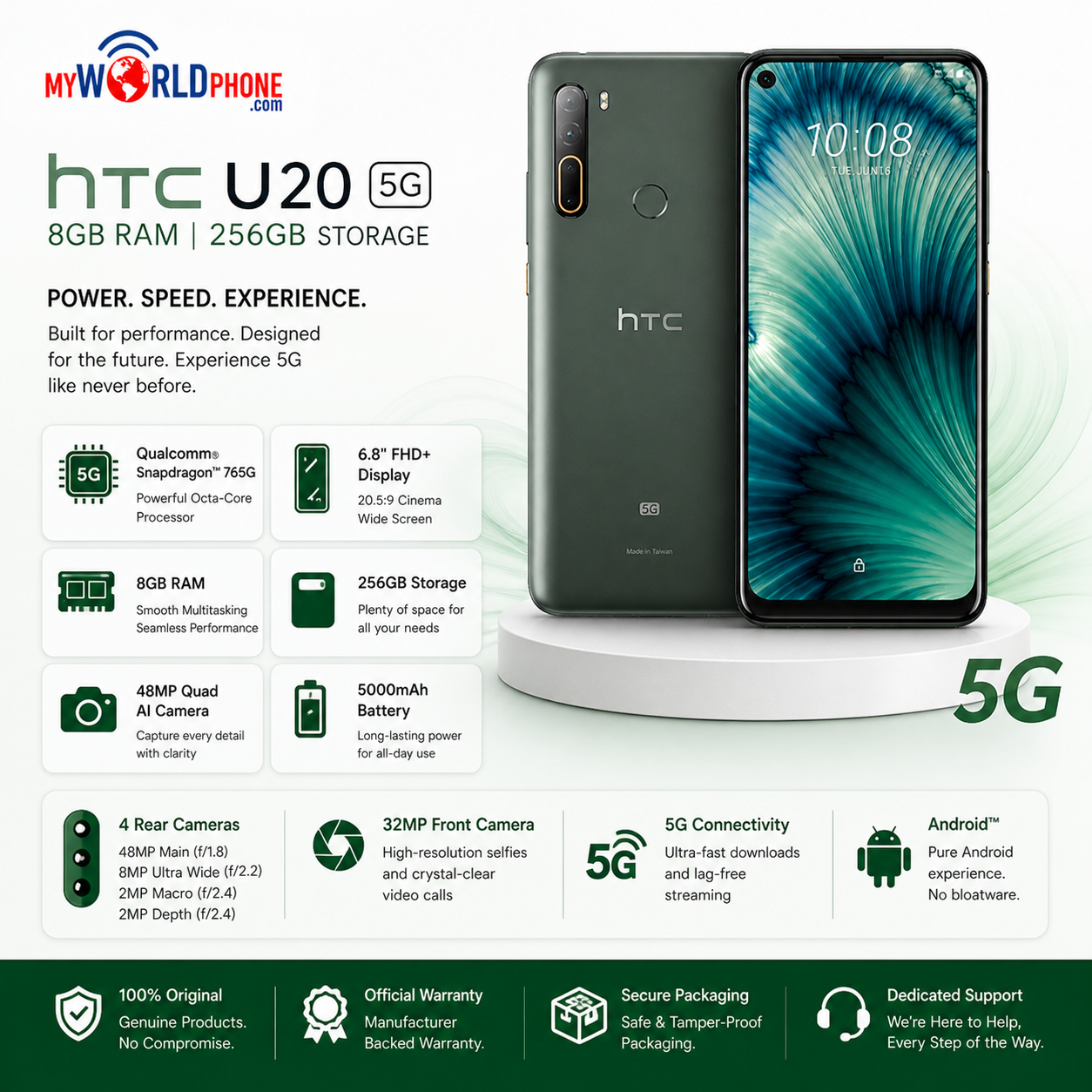 HTC U20 5G 256GB ROM 8GB RAM Dual SIM GSM Unlocked- Green