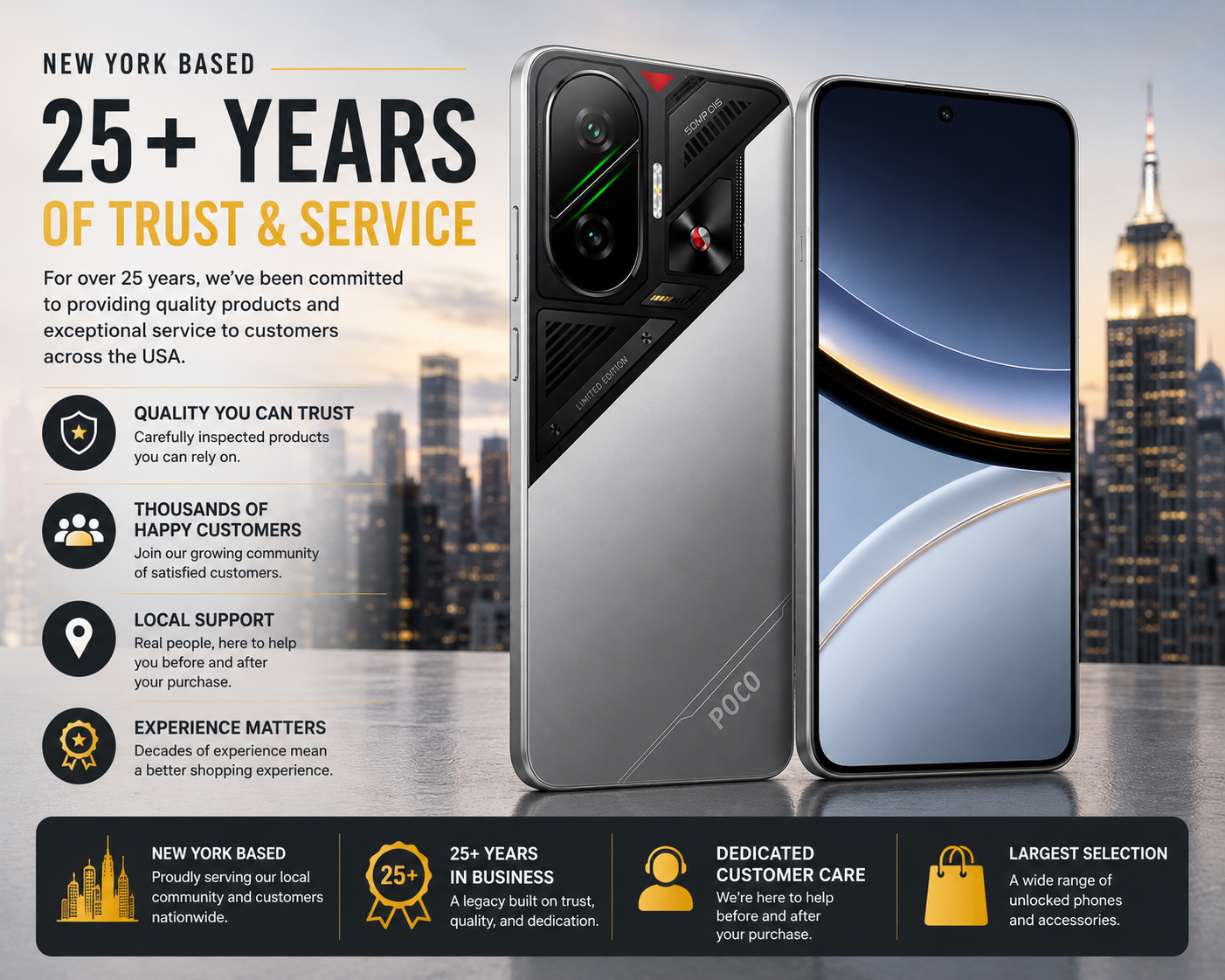 Poco F7 5G service and warranty promotional graphic with phone images