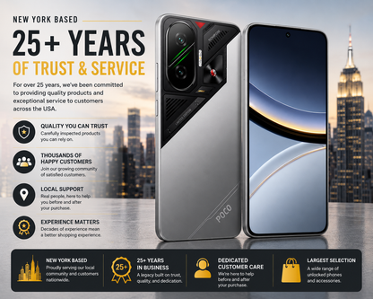 Poco F7 5G service and warranty promotional graphic with phone images