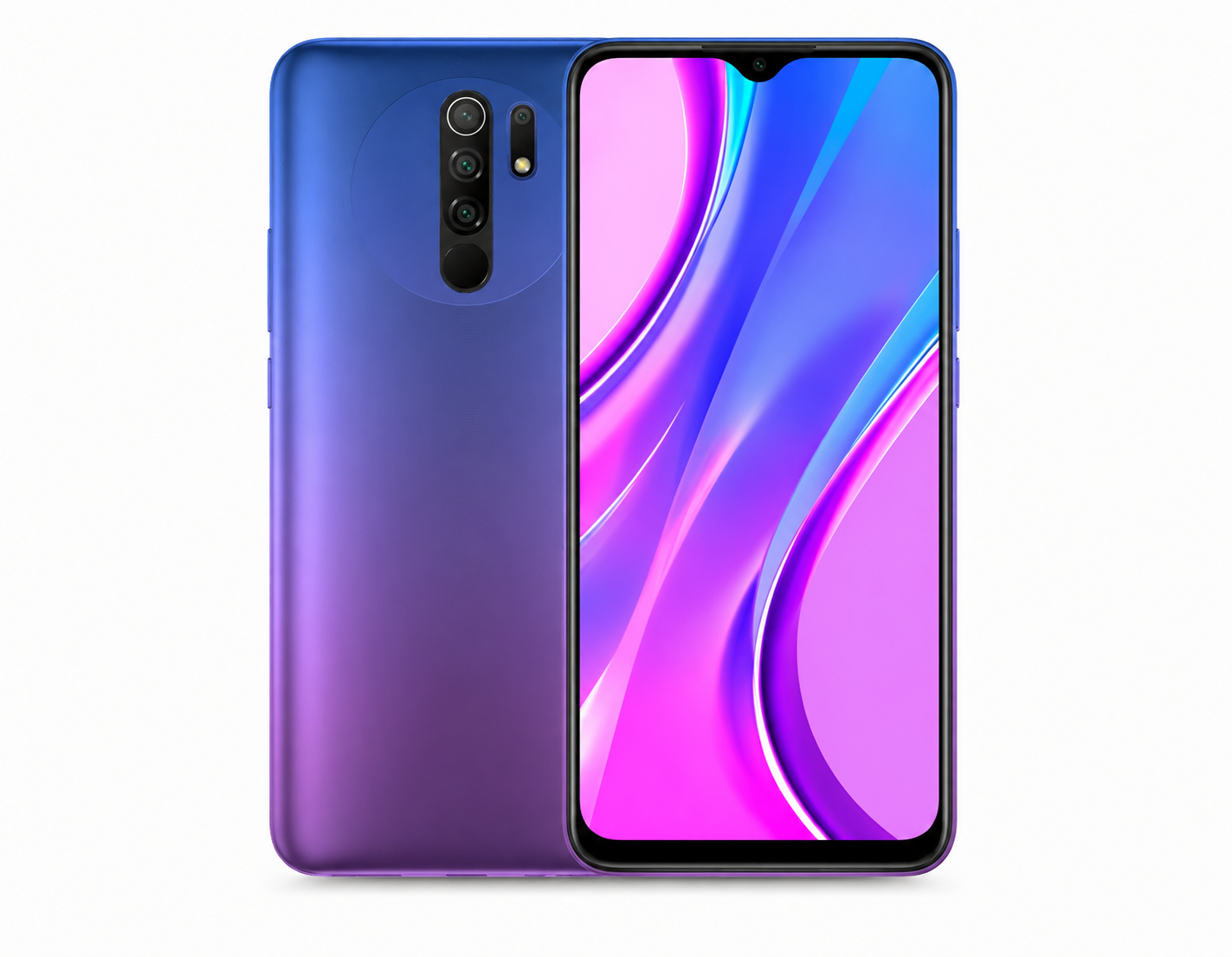 Xiaomi Redmi 9 unlocked smartphone, sunset purple front and back view.