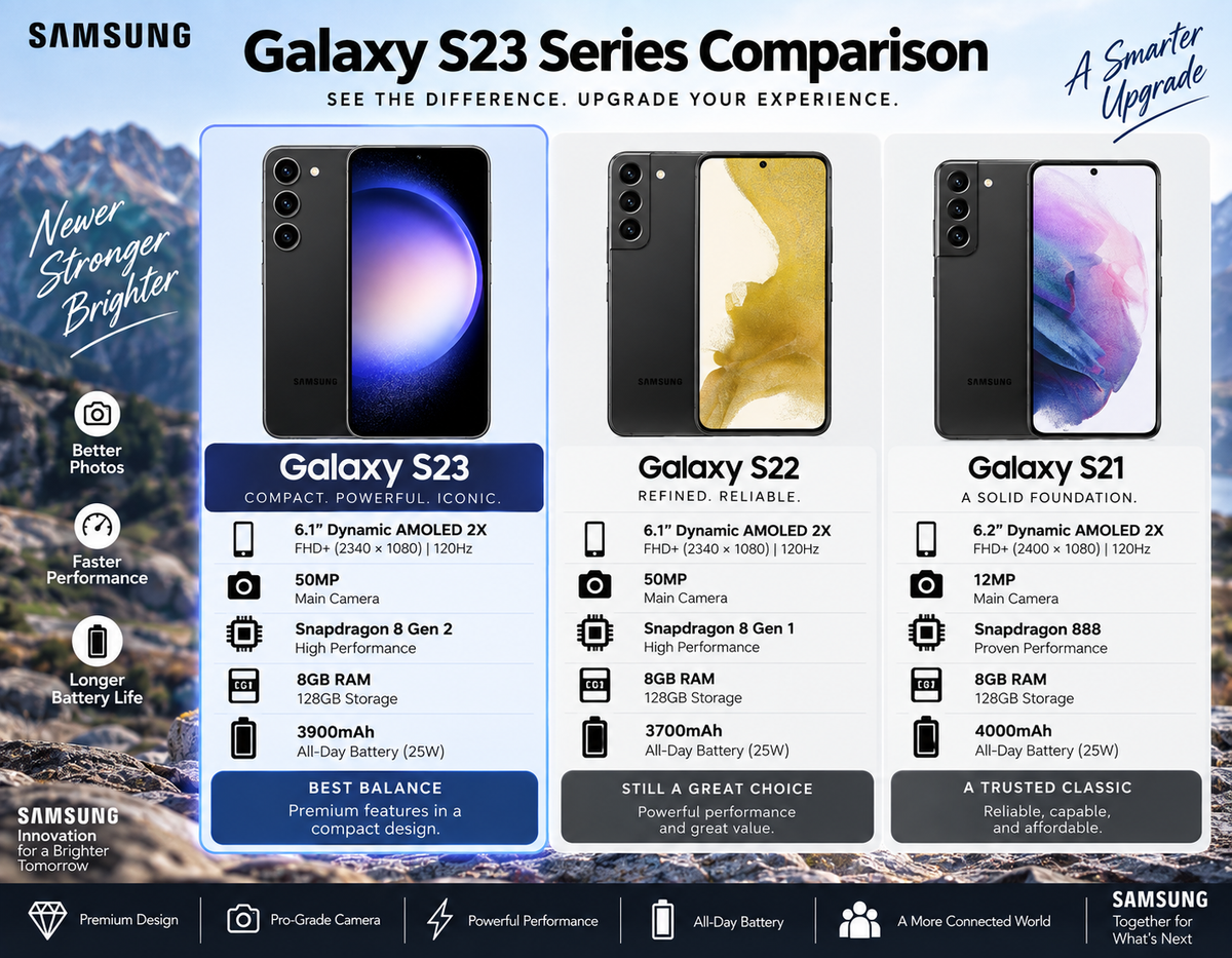 Samsung Galaxy S23 series comparison showing three phones with different colors and displays