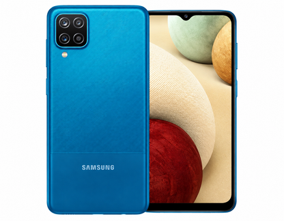 Blue Samsung Galaxy A12 smartphone, quad rear cameras, front touchscreen display