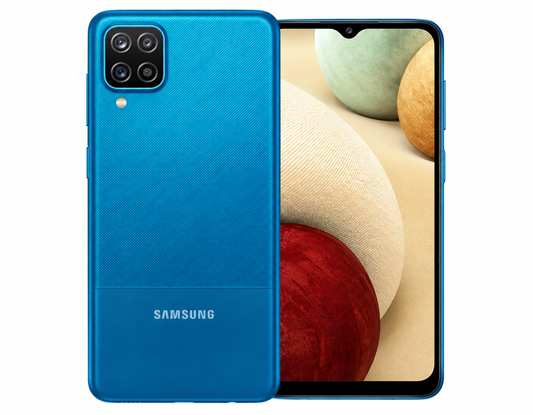 Blue Samsung Galaxy A12 smartphone, quad rear cameras, front touchscreen display