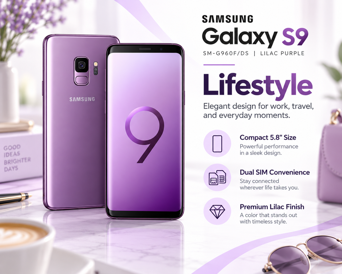 Purple Samsung Galaxy S9 smartphone with front screen and back view, sleek curved design