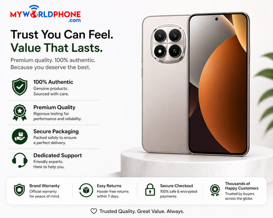 Xiaomi Redmi Note 15 Pro 5G Titanium smartphone with triple rear cameras and front display on white stand