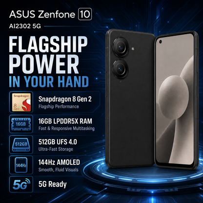 Asus Zenfone 10 AI2302 5G Black smartphone front and back shown together, dual rear cameras and slim bezel.