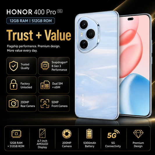 Blue Honor 400 Pro smartphone, front and back shown with dual camera on rear.