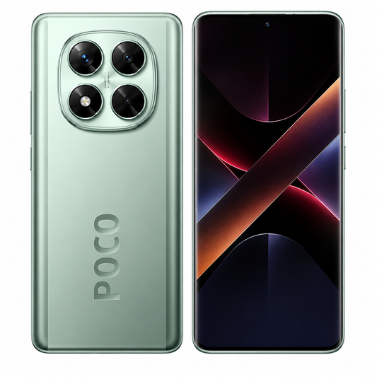 Xiaomi Poco X7 5G Mint green smartphone showing rear camera module and dark front screen