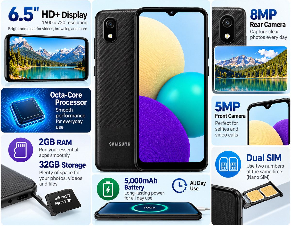 Black Samsung Galaxy A03 Core phone front display with rear camera