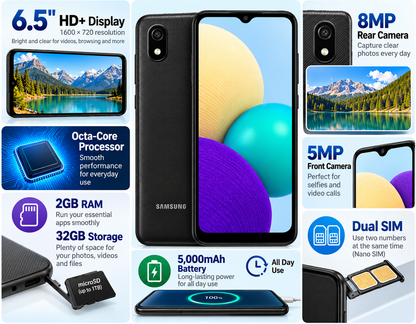 Black Samsung Galaxy A03 Core phone front display with rear camera