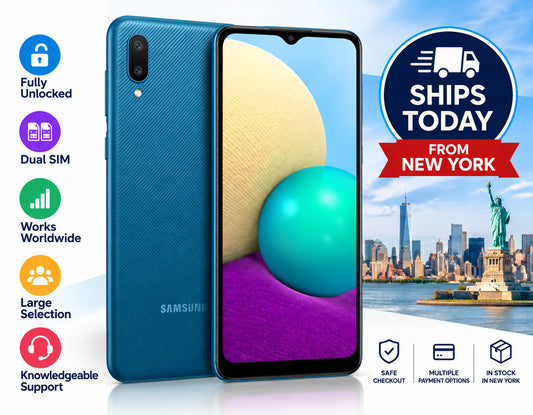 Blue Samsung Galaxy A02 dual SIM smartphone, front display and back visible