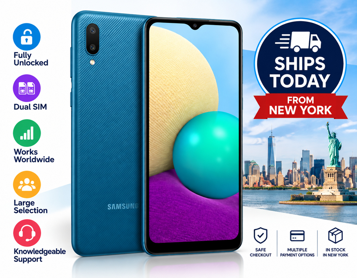 Blue Samsung Galaxy A02 dual SIM smartphone, front display and back visible