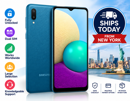 Blue Samsung Galaxy A02 dual SIM smartphone, front display and back visible