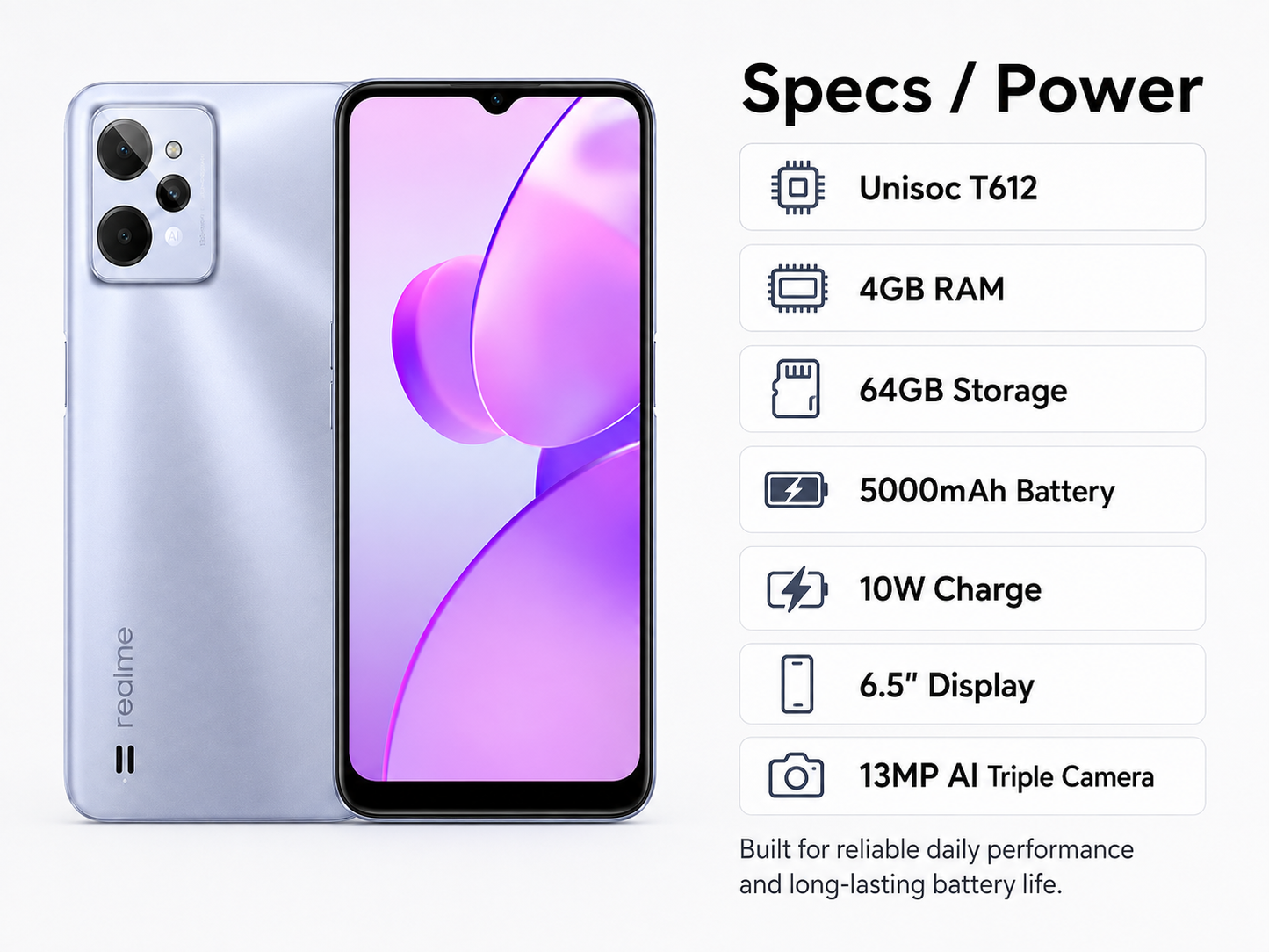 Light silver realme C31 4G smartphone front view with dual rear camera module.