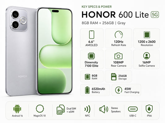 HONOR 600 Lite 5G gray phone and green display phone with feature icons
