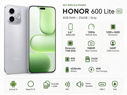 HONOR 600 Lite 5G gray phone and green display phone with feature icons