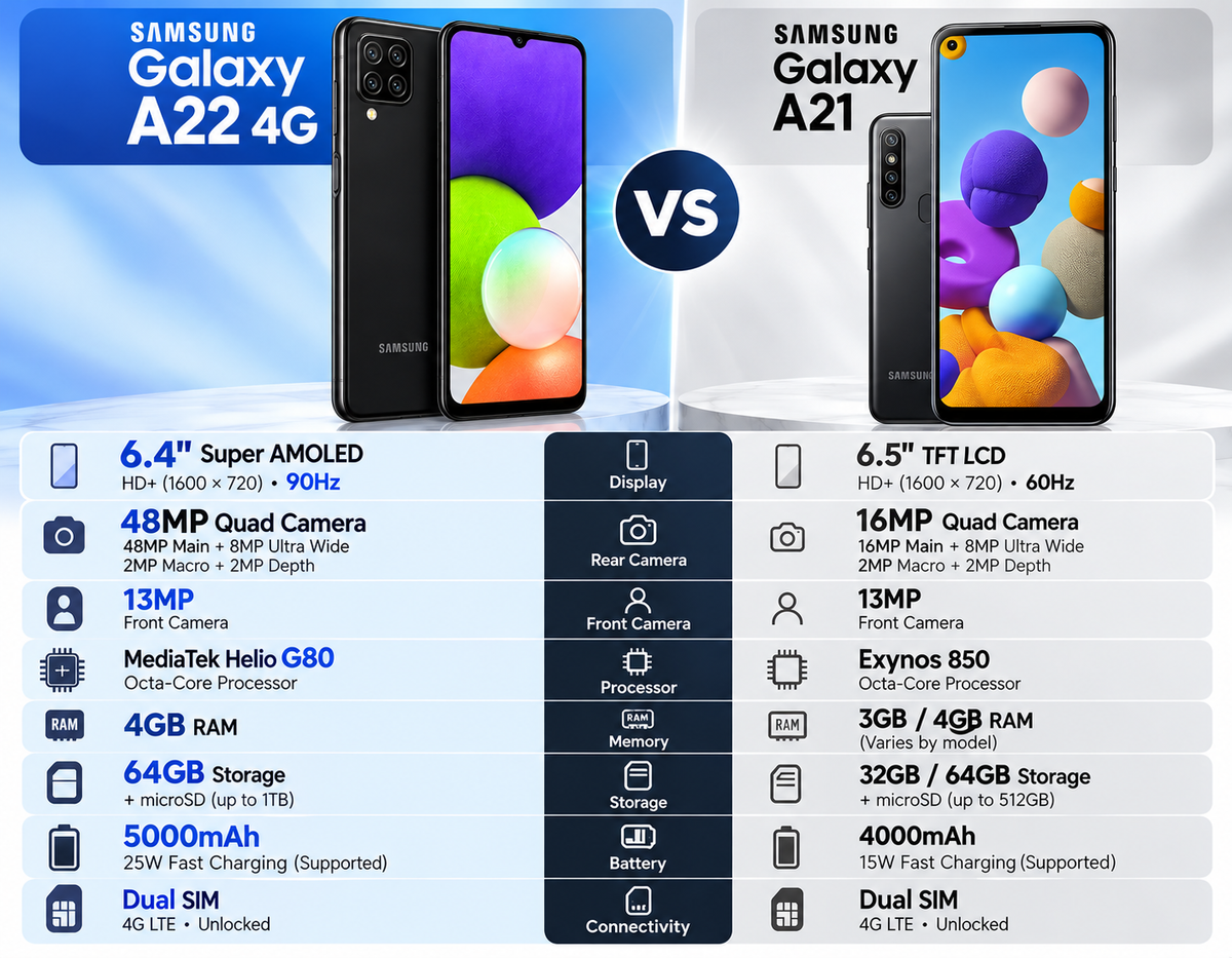 Samsung Galaxy A22 4G Two Samsung smartphones side by side, front and back views with a specs comparison panel