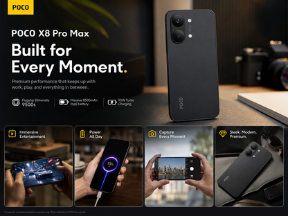 Xiaomi Poco X8 PRO MAX 5G Black unlocked smartphone standing upright with dual rear cameras visible