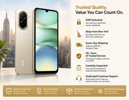 Gold Xiaomi Redmi A5 dual-camera smartphone showing front screen and back on stand