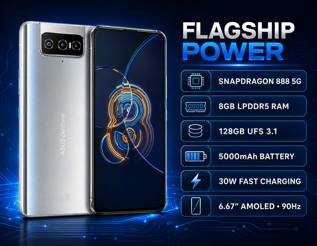 ASUS Zenfone 8 Flip phone in silver with dark display and blue circular logo
