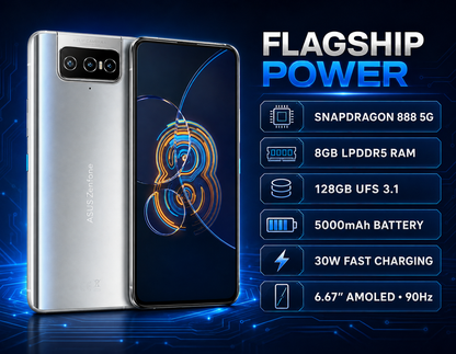 ASUS Zenfone 8 Flip phone in silver with dark display and blue circular logo