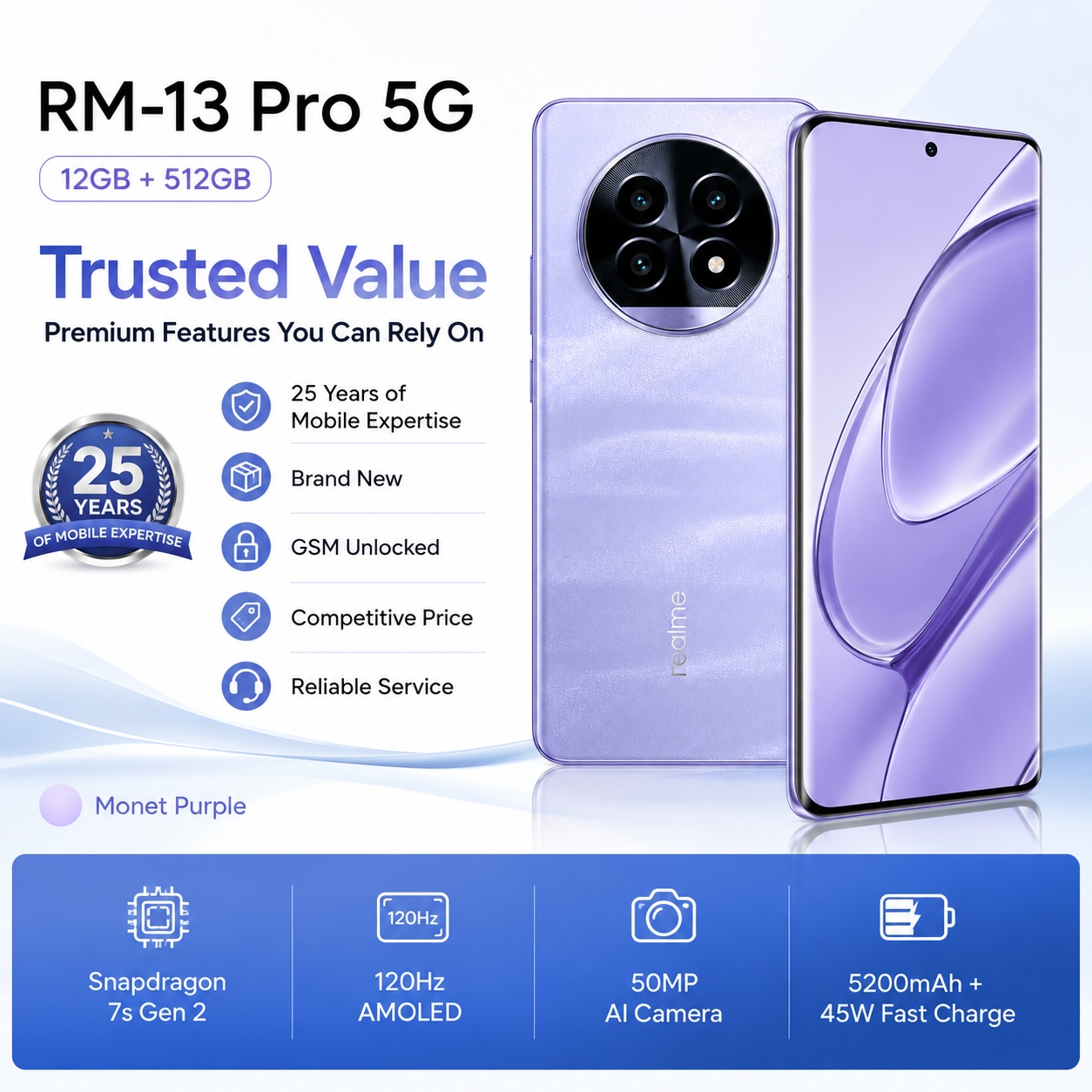 Realme 13 Pro 5G  Unlocked purple smartphone, front and back view with triple rear camera.