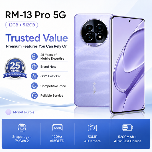 Realme 13 Pro 5G  Unlocked purple smartphone, front and back view with triple rear camera.